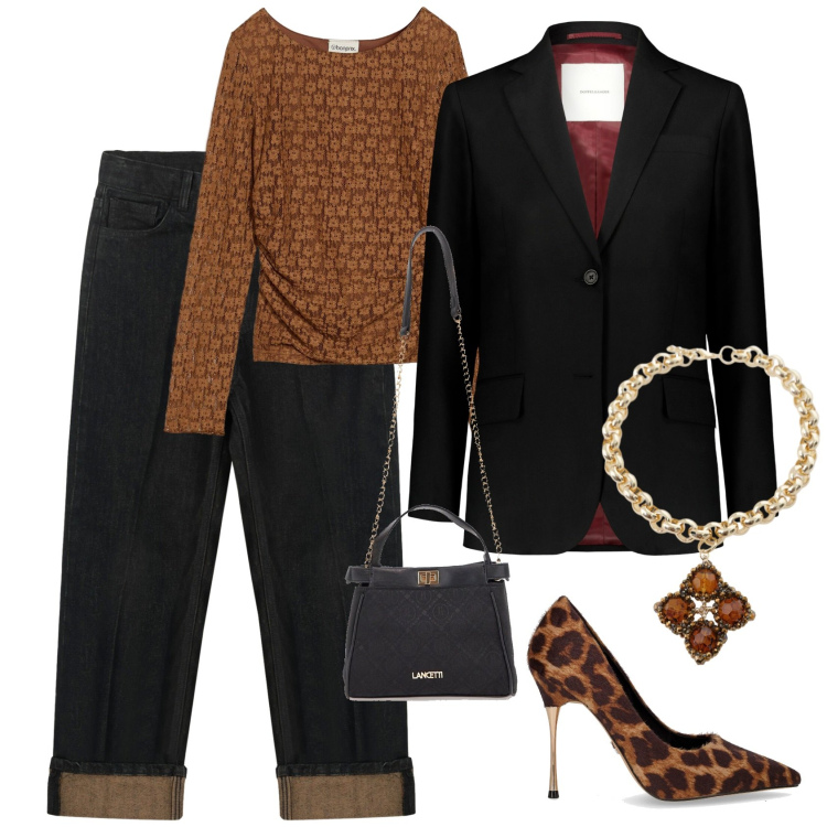Outfit donna - Black friday chic. Stile Chic per Tutti i giorni. Abbinamento con maglieria, collane, jeans dritti, blazer, borse a tracolla, décolleté.