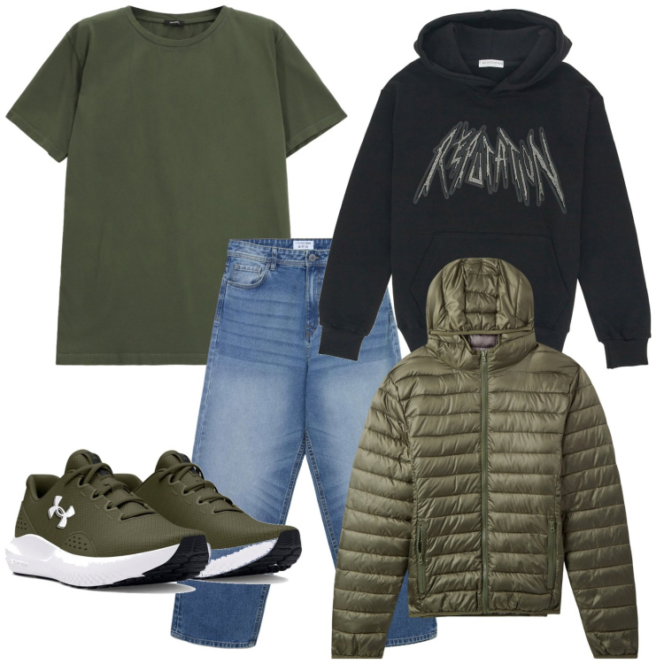 Outfit uomo - Total look #2283900. Stile Urban per Tutti i giorni. Abbinamento con jeans, piumini, t-shirt, scarpe sportive, felpe con cappuccio.