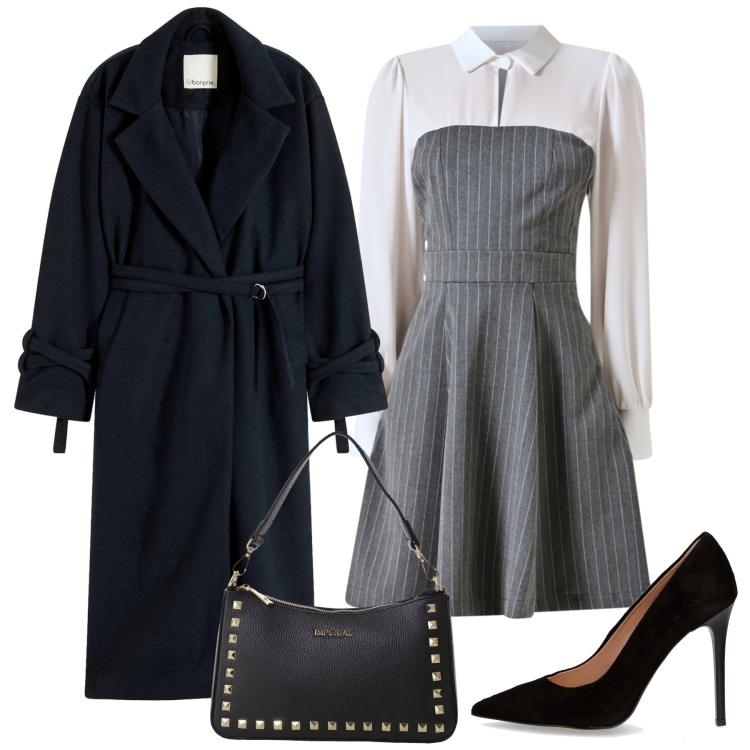 Outfit donna - I saldi del Black Friday. Stile Chic per Ufficio. Abbinamento con cappotti, vestiti corti, pochette, décolleté.