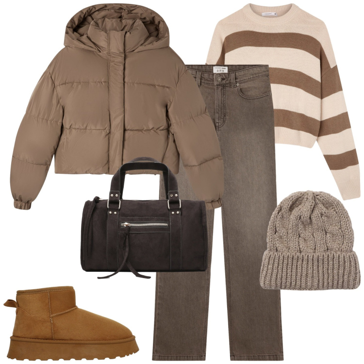 Outfit donna - Novembre. Stile Casual per Tutti i giorni. Abbinamento con maglieria, jeans bootcut, stivali, bomber, berretti, borse a mano.