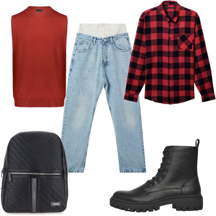 Outfit uomo - Total look #2283914. Stile Casual per Tutti i giorni. Abbinamento con jeans, anfibi, camicie, gilet, borse sportive.