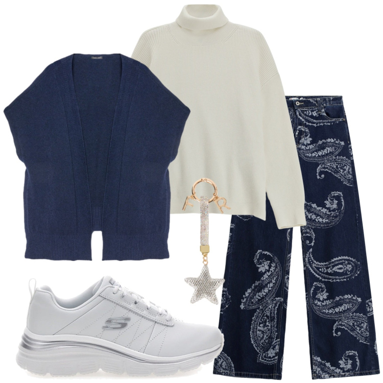 Outfit donna - Casual curvy. Stile Casual per Tutti i giorni. Abbinamento con jeans, maglieria, sneakers, gilet, portachiavi.