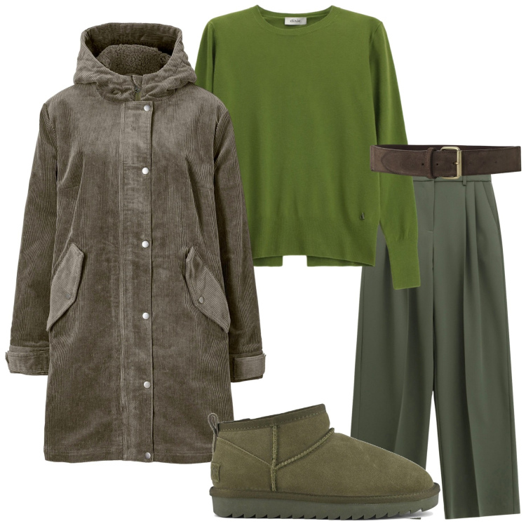 Outfit donna - Verde bosco. Stile Urban per Tutti i giorni. Abbinamento con parka, pantaloni a palazzo, maglieria, cinture, stivali.