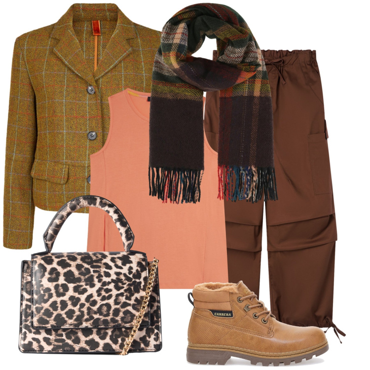 Outfit donna - Cargo e scarponcini in ufficio. Stile Trendy per Ufficio. Abbinamento con sciarpe, borse a tracolla, pantaloni cargo, canottiere, anfibi, blazer.