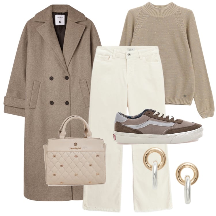 Outfit donna - City time. Stile Urban per Tutti i giorni. Abbinamento con cappotti, maglieria, orecchini, pantaloni, sneakers, borse a mano.