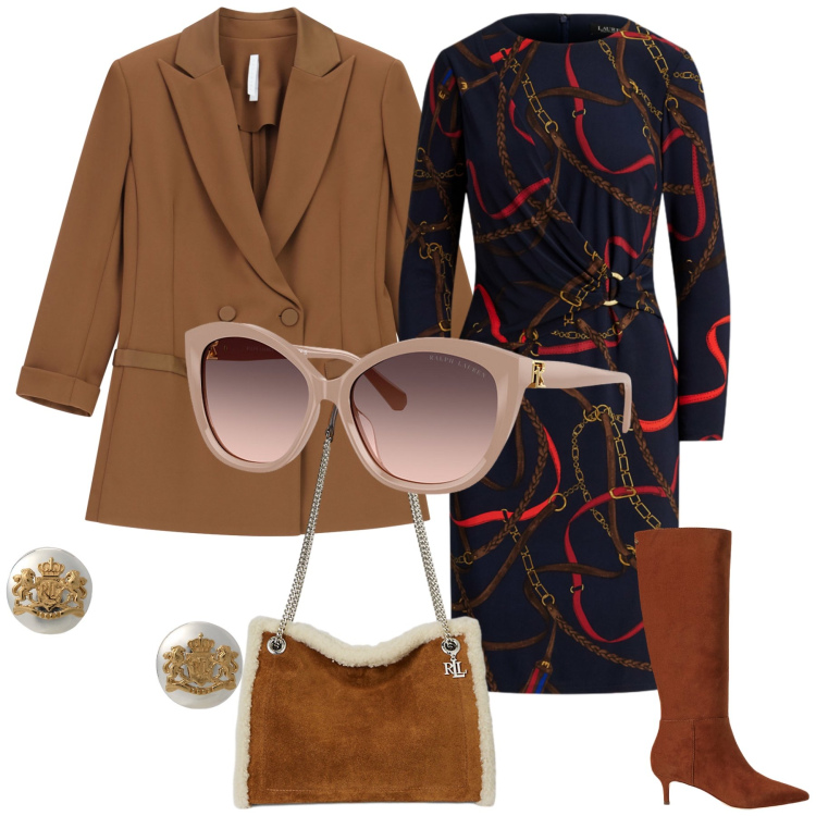 Outfit donna - In centro città. Stile Bon Ton per Tutti i giorni. Abbinamento con blazer, orecchini, occhiali da sole, stivali, vestiti, borse tote.