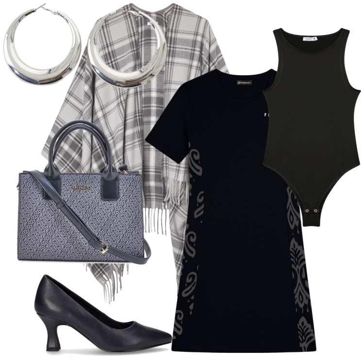 Outfit donna - Total look. Stile Urban per Tutti i giorni. Abbinamento con cappotti, body, vestiti midi/longuette, orecchini, borse a tracolla, décolleté.