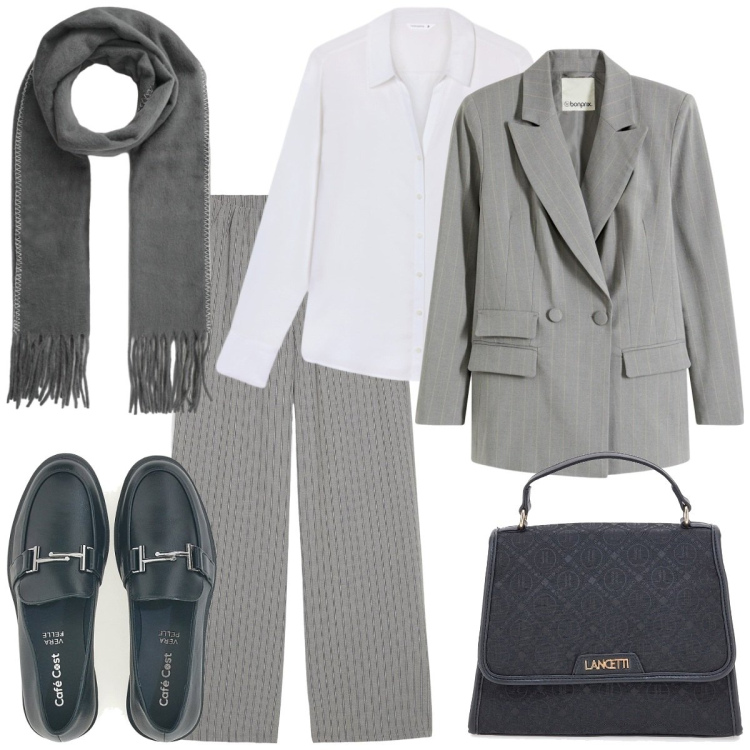 Outfit donna - Blazer che passione. Stile Minimal per Tutti i giorni. Abbinamento con pantaloni, blazer, sciarpe, camicie, mocassini, borse a spalla.