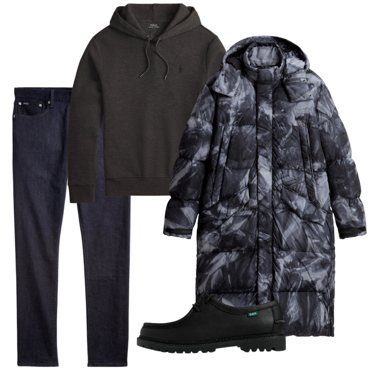 Outfit uomo - Dark. Stile Casual per Tutti i giorni. Abbinamento con scarpe stringate, felpe con cappuccio, jeans, piumini.