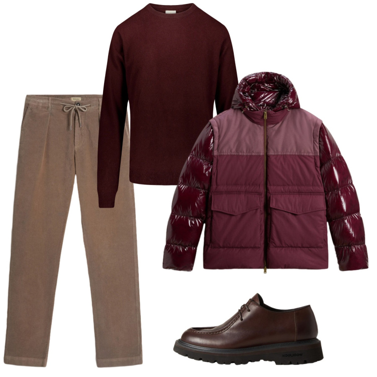 Outfit uomo - Novembre. Stile Casual per Tutti i giorni. Abbinamento con pantaloni, scarpe stringate, piumini, maglieria.