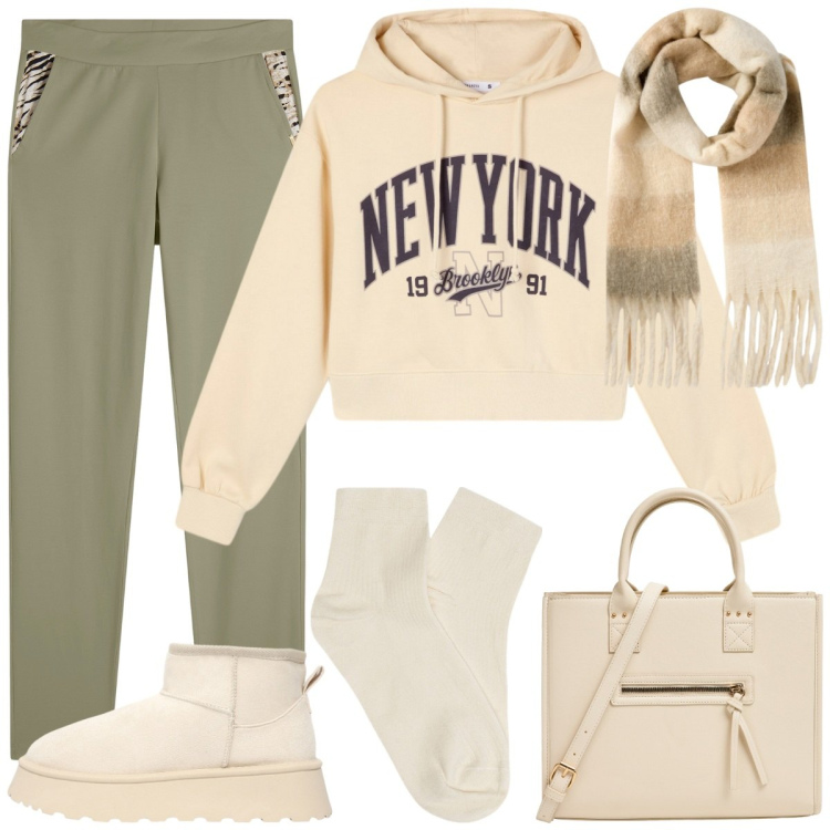 Outfit donna - Quel dettaglio..... Stile Sporty chic per Tutti i giorni. Abbinamento con felpe con cappuccio, sciarpe, shopping bag, stivaletti, pantaloni, collant.