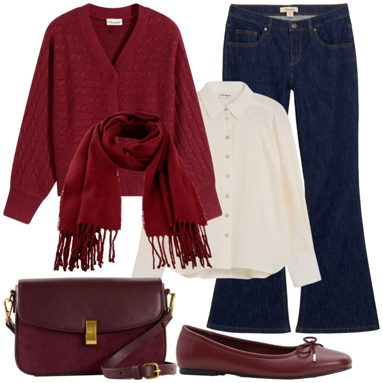 Outfit donna - Christmas day. Stile Romantica per Tutti i giorni. Abbinamento con jeans a zampa, sciarpe, cardigans, camicie, ballerine, borse a mano.