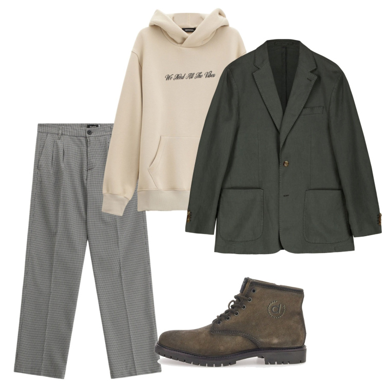Outfit uomo - Fall. Stile Casual per Tutti i giorni. Abbinamento con felpe con cappuccio, pantaloni, stivali e stivaletti, giacche.