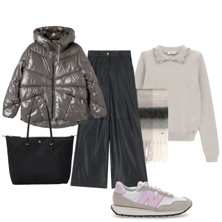 Outfit donna - Grigio argento. Stile Glamour per Tutti i giorni. Abbinamento con bomber, maglieria, pantaloni a palazzo, sciarpe, borse tote, sneakers.
