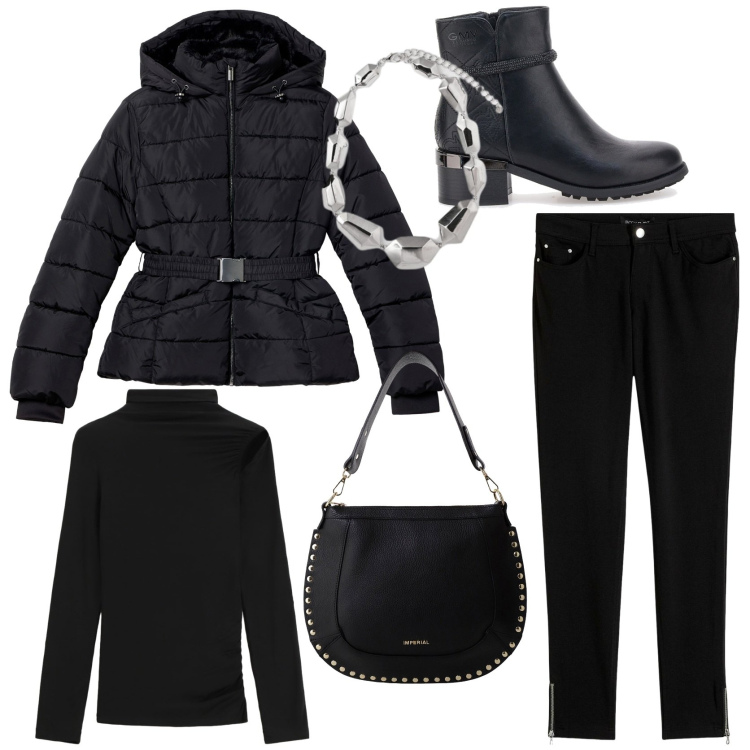 Outfit donna - Un piumino nell\' armadio. Stile Trendy per Tutti i giorni. Abbinamento con pantaloni, piumini, borse a spalla, pullovers, stivaletti, ciondoli.