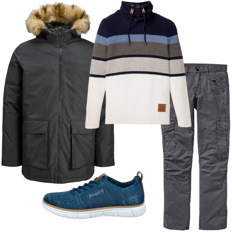 Outfit uomo - Total look #2283953. Stile Urban per Tutti i giorni. Abbinamento con pantaloni cargo, maglieria, parka, sneakers.