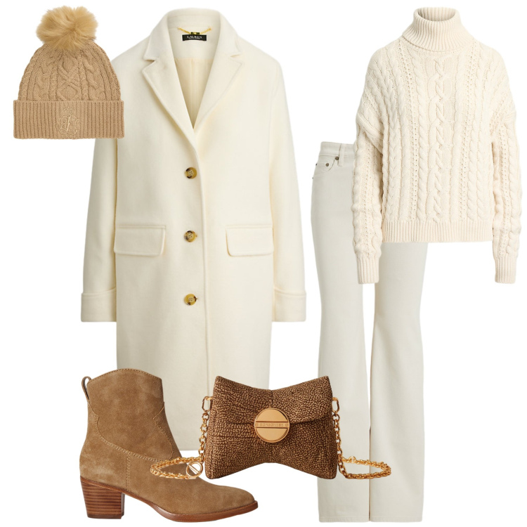 Outfit donna - Winter class. Stile Casual chic per Ufficio. Abbinamento con borse a tracolla, cappotti, maglieria, stivaletti, berretti, jeans dritti.