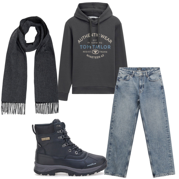 Outfit uomo - Total look #2283955. Stile Trendy per Tutti i giorni. Abbinamento con felpe con cappuccio, jeans dritti, sciarpe, stivali e stivaletti.