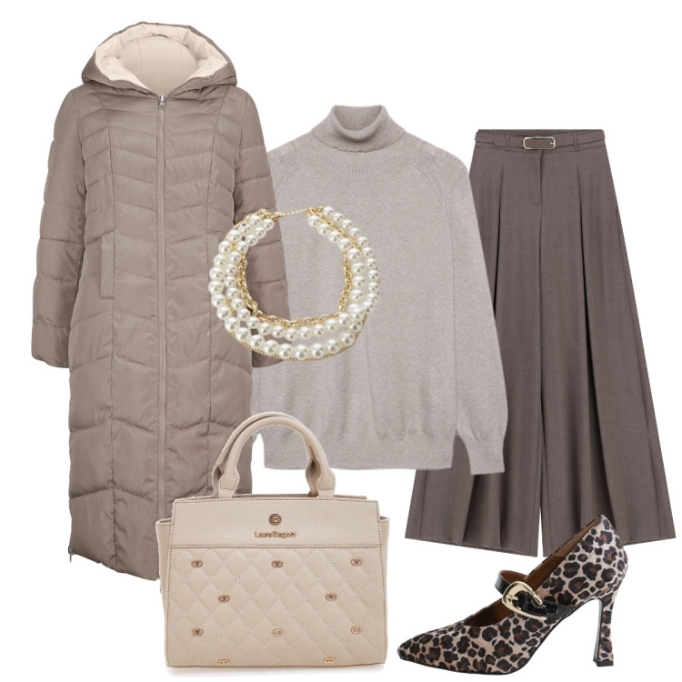 Outfit donna - Tono su tono. Stile Casual chic per Tutti i giorni. Abbinamento con blazer, décolleté, pantaloni a palazzo, collane, borse a mano, maglieria.