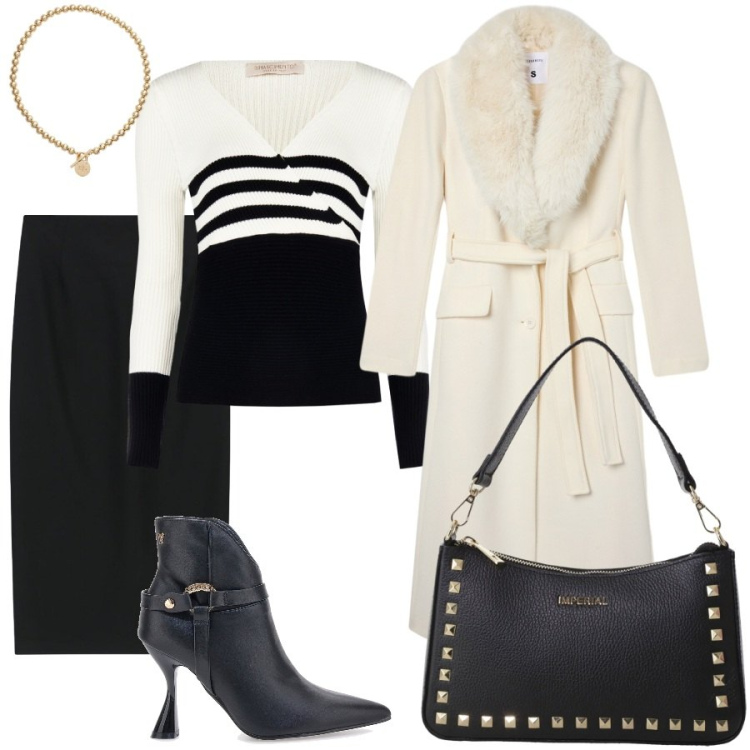 Outfit donna - Iniziano le festività. Stile Chic per Serata fuori. Abbinamento con pullovers, cappotti, pochette, gonne longuette, collane, stivaletti.