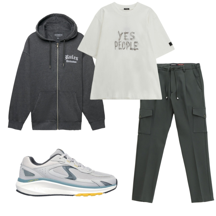 Outfit uomo - Total look #2283959. Stile Trendy per Sport. Abbinamento con felpe con cappuccio, pantaloni cargo, t-shirt, sneakers.