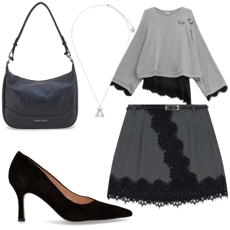 Outfit donna - Pizzo nei dettagli. Stile Chic per Serata fuori. Abbinamento con minigonne, maglieria, ciondoli, borse a tracolla, décolleté.