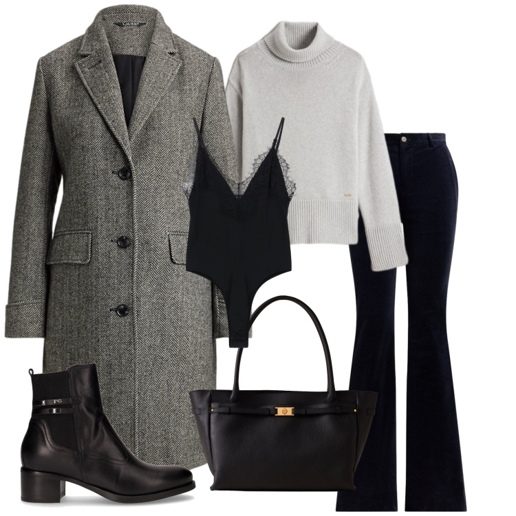 Outfit donna - Il nero sta bene con tutto. Stile Casual chic per Tutti i giorni. Abbinamento con body, shopping bag, maglieria, cappotti, pantaloni, stivaletti.