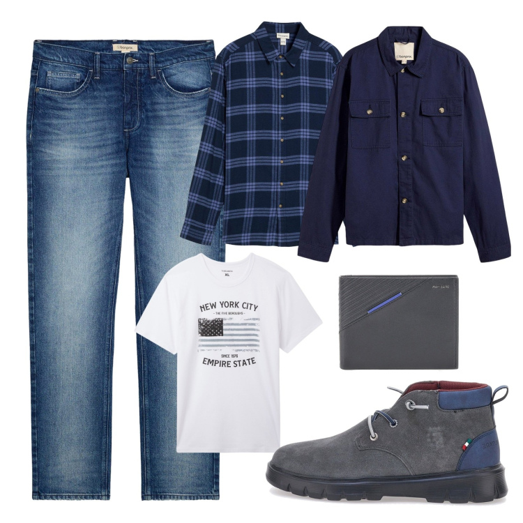 Outfit uomo - Serata tra amici!. Stile Casual per Serata speciale. Abbinamento con giacche, jeans dritti, camicie, t-shirt, scarpe stringate, portafogli.