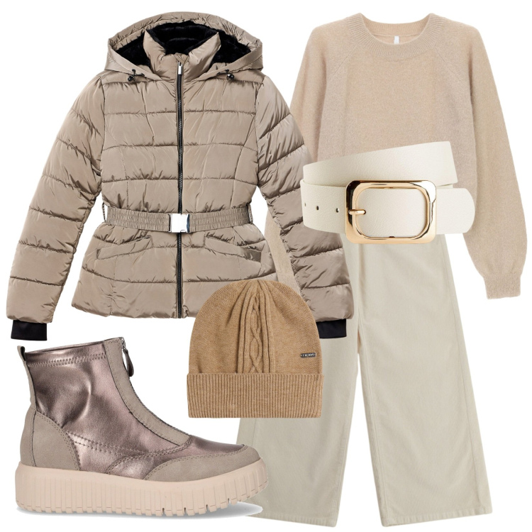 Outfit donna - Total White. Stile Sporty chic per Tutti i giorni. Abbinamento con cinture, piumini, maglieria, pantaloni a palazzo, berretti, stivaletti chelsea.