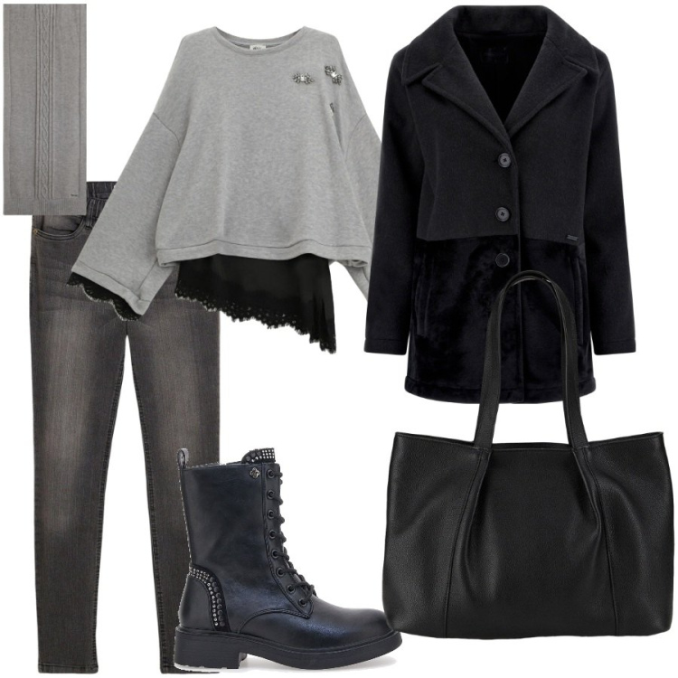 Outfit donna - Tempo per me. Stile Rock per Tutti i giorni. Abbinamento con jeggings, shopping bag, cappotti, sciarpe, maglieria, anfibi.