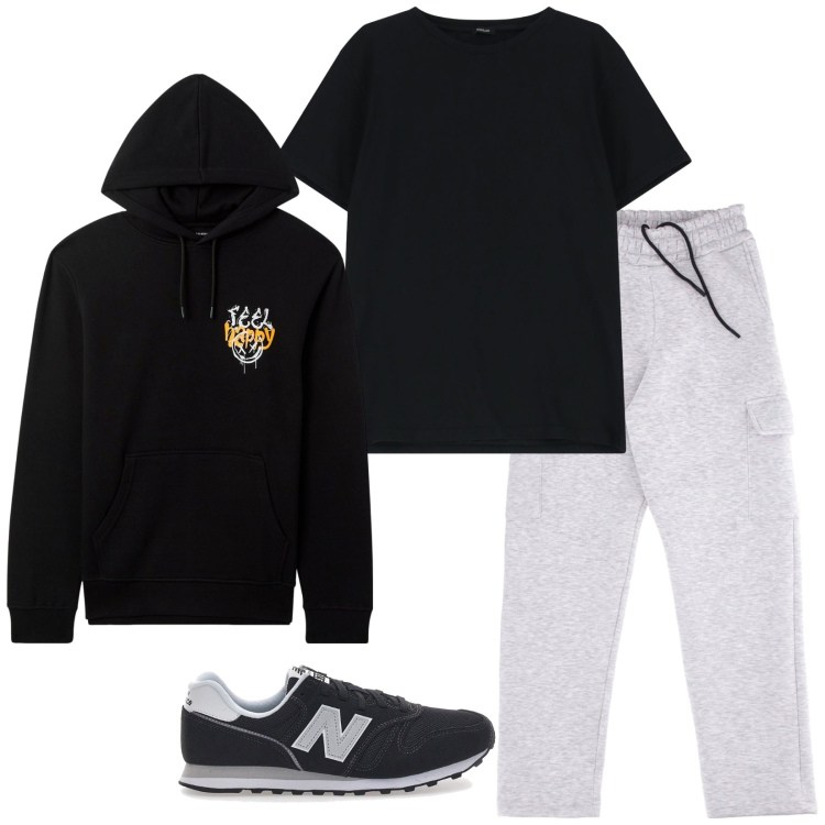 Outfit uomo - Total look #2283967. Stile Casual per Sport. Abbinamento con felpe con cappuccio, t-shirt, sneakers, pantaloni cargo.