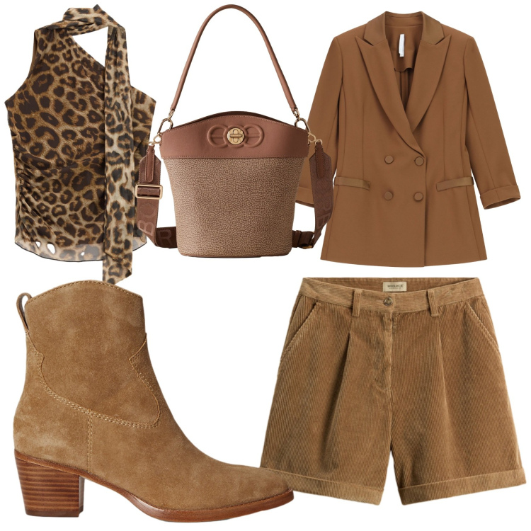 Outfit donna - Giacca e shorts. Stile Etnico per Tutti i giorni. Abbinamento con blazer, top, borse a secchiello, stivaletti, pantaloni corti.