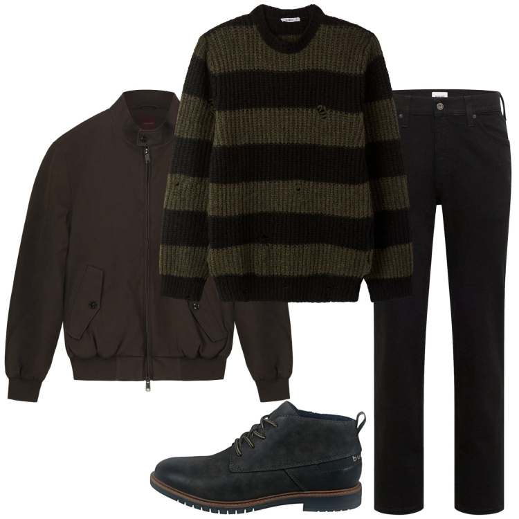 Outfit uomo - Pull a righe. Stile Casual per Tutti i giorni. Abbinamento con jeans dritti, maglieria, stivali e stivaletti, bomber.