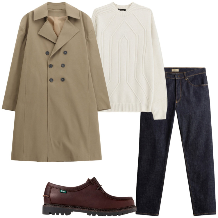 Outfit uomo - Bellissimo. Stile Trendy per Tutti i giorni. Abbinamento con trench, pullovers, scarpe stringate, pantaloni.