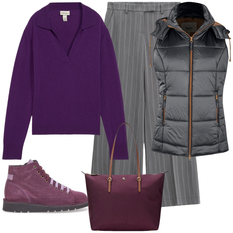 Outfit donna - Spese quotidiane. Stile Casual chic per Tutti i giorni. Abbinamento con gilet, maglieria, pantaloni a palazzo, borse tote, scarpe stringate.