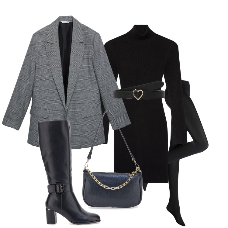 Outfit donna - Aperitivo. Stile Glamour per Tutti i giorni. Abbinamento con collant, cinture, vestiti corti, blazer, borse a tracolla, stivali sopra il ginocchio.