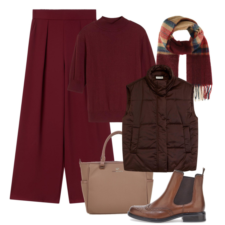 Outfit donna - Vinaccia e marrone. Stile Casual chic per Tutti i giorni. Abbinamento con maglieria, piumini, sciarpe, pantaloni, borse a tracolla, stivaletti chelsea.