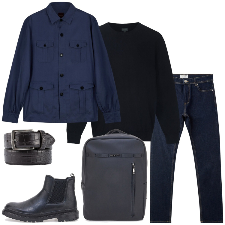 Outfit uomo - Total look #2283981. Stile Casual per Ufficio. Abbinamento con jeans skinny, cappotti, maglieria, cinture, stivali e stivaletti, borse sportive.