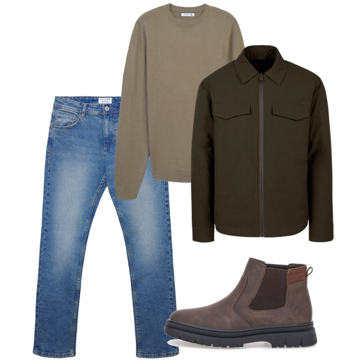 Outfit uomo - Novembre. Stile Casual per Tutti i giorni. Abbinamento con maglieria, jeans dritti, stivali e stivaletti, piumini.
