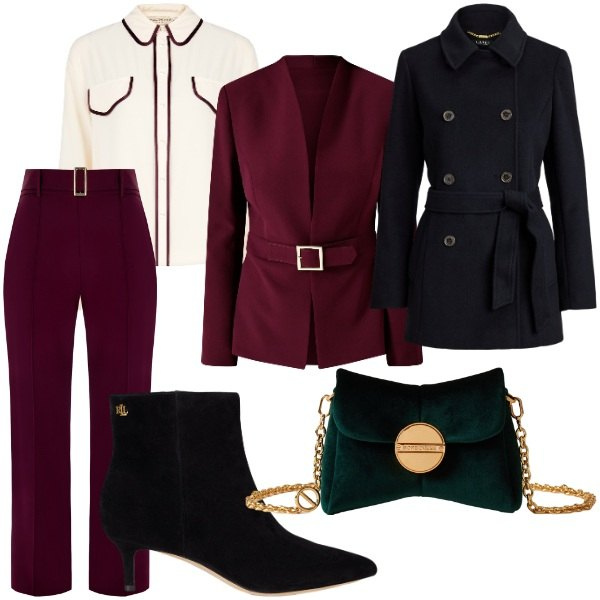 Outfit donna - Chic con il Black Friday. Stile Chic per Serata fuori. Abbinamento con blazer, camicie, pantaloni, borse a tracolla, cappotti, stivaletti.