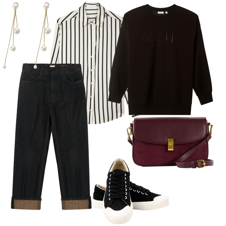 Outfit donna - Lunedì. per Tutti i giorni. Abbinamento con borse a mano, camicie, felpe, orecchini, jeans dritti, sneakers.