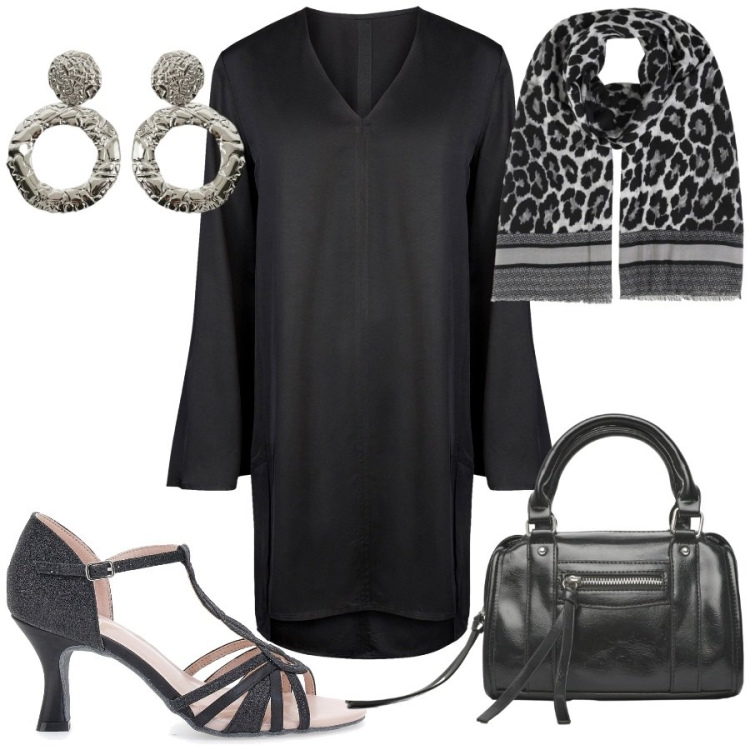 Outfit donna - Uscita a ballare. Stile Chic per Serata fuori. Abbinamento con foulard, borse a mano, orecchini, vestiti a tubino, décolleté.