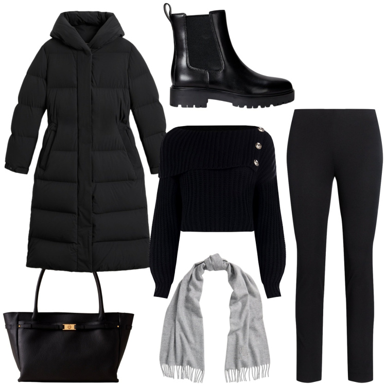 Outfit donna - Un piumino se fa freddo. Stile Urban per Tutti i giorni. Abbinamento con maglieria, shopping bag, pantaloni skinny, sciarpe, stivaletti chelsea, piumini.