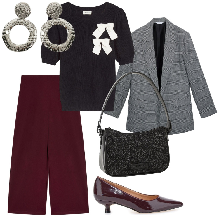 Outfit donna - Prepariamoci alle feste. per Tutti i giorni. Abbinamento con borse a mano, maglieria, pantaloni culotte, blazer, orecchini, décolleté.
