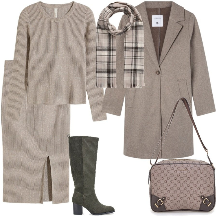 Outfit donna - Femminile e comoda. Stile Chic per Ufficio. Abbinamento con maglieria, gonne, cappotti, sciarpe, borse a tracolla, stivali.