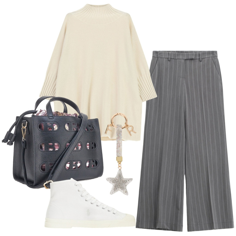 Outfit donna - Gessato casual. Stile Casual per Ufficio. Abbinamento con pantaloni a palazzo, maglieria, sneakers alte, borse a mano, portachiavi.