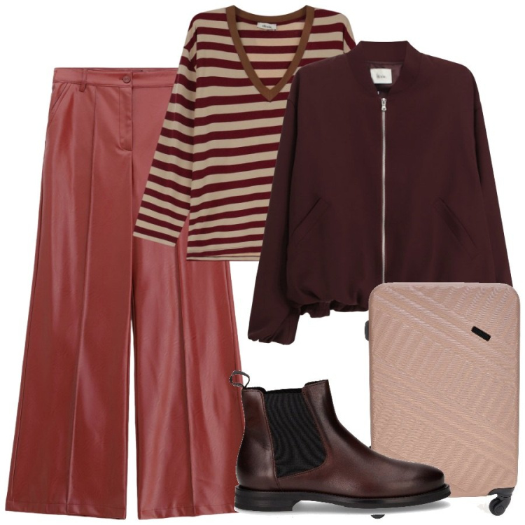 Outfit donna - In viaggio verso caldi lidi. Stile Urban per Tutti i giorni. Abbinamento con pantaloni, maglieria, bomber, stivaletti chelsea, valigie.