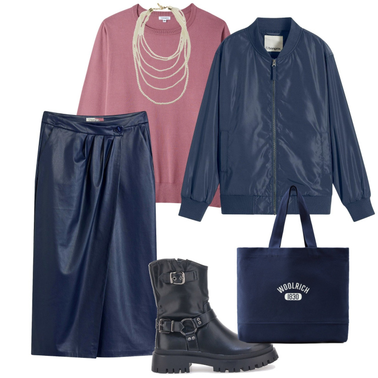 Outfit donna - Per tutto il giorno. per Tutti i giorni. Abbinamento con bomber, gonne longuette, pullovers, collane, borse tote, stivaletti.