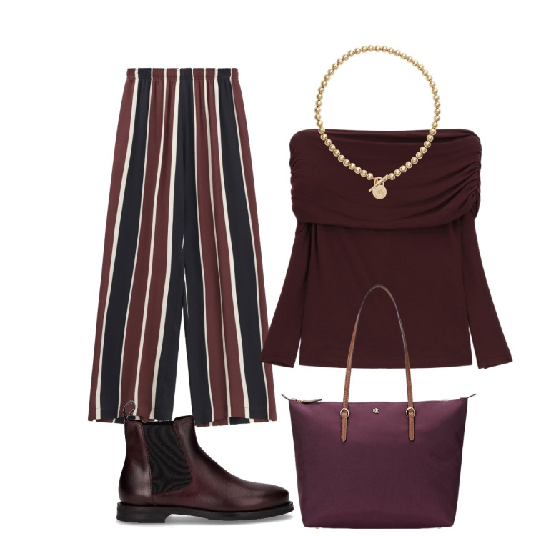 Outfit donna - Serata con le amiche. Stile Glamour per Serata fuori. Abbinamento con pantaloni a palazzo, maglieria, collane, borse tote, stivaletti chelsea.