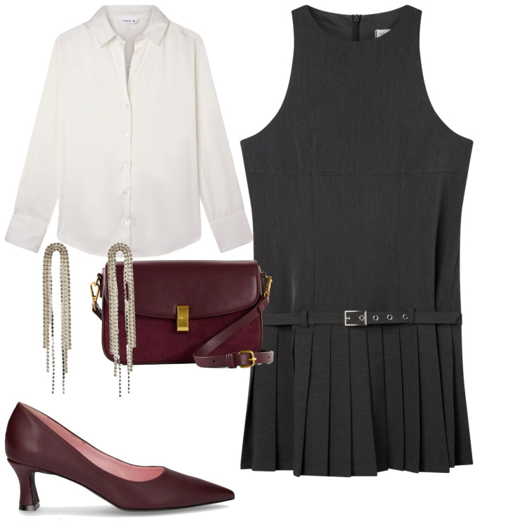 Outfit donna - Novembre novembre. Stile Minimal per Tutti i giorni. Abbinamento con borse a mano, vestiti corti, orecchini, camicie, décolleté.